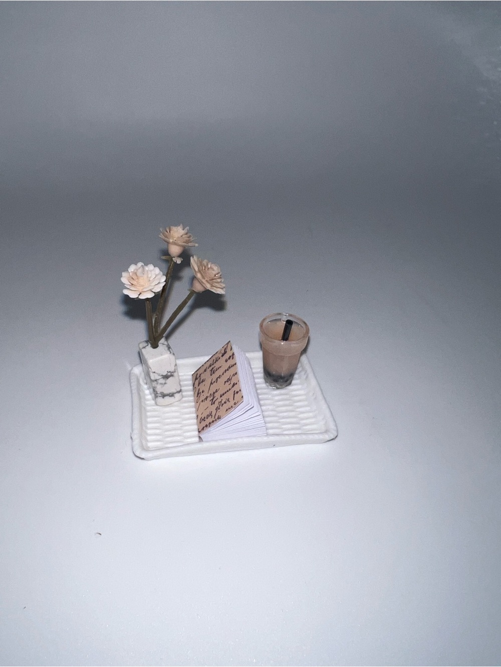 Miniature dollhouse tray with flowers and drink